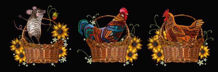 Embroidery. Collection of wicker baskets with animals. Mouse, chicken, rooster. Fashion template for clothes, textiles