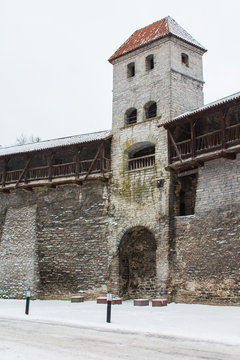 The historic gate tower in Tallinn's Old Town in winter. Estonia