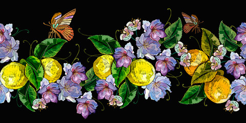 Embroidery lemons, butterfly and apple tree flowers. Horizontal seamless pattern. Fashion clothes template, t-shirt design