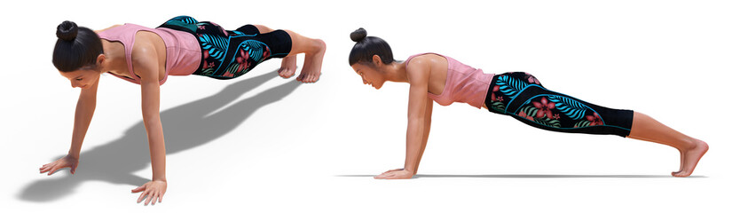 Back three-quarters and Right Profile Poses of a Woman in Yoga Plank Pose
