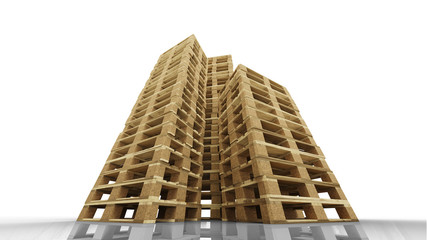 Low angle view of Three high stacks of Wood Pallets