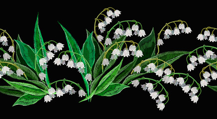 Embroidery white snowdrops flowers. Spring art. Horizontal seamless pattern. Fashion clothes template, t-shirt design