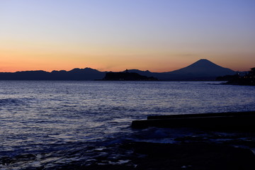 Sunset photo of Enoshima and Mount Fuji in Japan