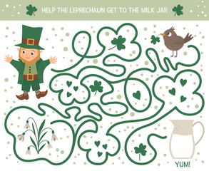 Saint Patrick’s Day maze for children. Preschool Irish holiday activity. Spring puzzle game with cute elf, bird, flower. Help the leprechaun get to the milk jar..