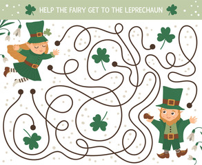 Saint Patrick’s Day maze for children. Preschool Irish holiday activity. Spring puzzle game with cute elf and fairy. Help the fairy get to the leprechaun..