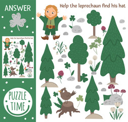Saint Patrick’s Day searching game for children with leprechaun in spring forest. Cute funny smiling characters. Find hidden green hat..