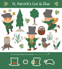 Vector Saint Patrick’s Day cut and glue for children. Spring holiday educational activity with smiling leprechaun, fairy, bird, boy in the forest.