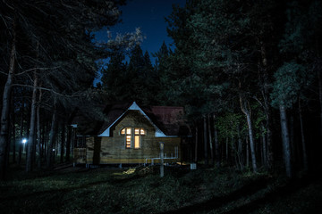Fototapeta na wymiar Old spooky house at the pine forest at night. Horror Halloween concept