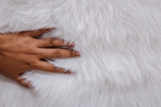 Closeup Of Hand Touching Fur Fabric Texture. Smooth Fluffy And Silky