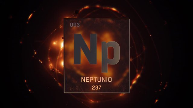 Neptunium as Element 93 of the Periodic Table. Seamlessly looping 3D animation on orange illuminated atom design background with orbiting electrons. Name, atomic weight, element number in Spanish lang