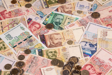 Bulgarian lev banknotes and coins, BGN. Bulgaria, BG