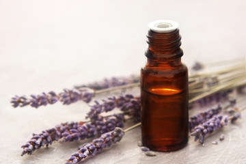 Essential oil bottles on lavender flowers and herbs background, selective focus, toned	