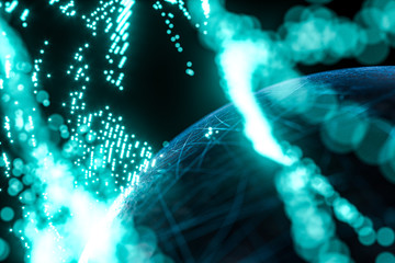 Glowing particles surrounding around the planet, 3d rendering.