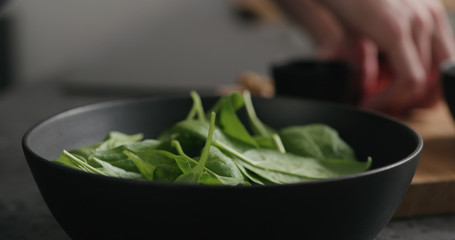 Closeup making salad with spinach, tomatoes and mozzarella