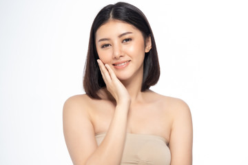 Fototapeta premium Beautiful Young Asian Woman short hair with Clean Fresh Skin. Face care, Facial treatment, Cosmetology, beauty and healthy skin and cosmetic ideas concept.