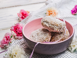Fresh, fragrant homemade pastries. Close-up, side view. Tasty and healthy eating concept