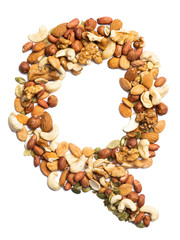 Letter Q of the English alphabet from a mixture of hazelnuts, almonds, walnuts, peanuts, cashews, pumpkin seeds on a white isolated background. Food pattern made from nuts. Bright alphabet for shops.