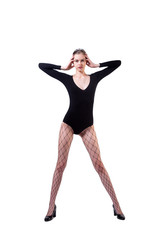 Fototapeta premium Attractive blondy Girl, Stylish fashion. Design Art concept. Beautiful Girl in black body, pantyhose and high heels posing. Studio portrait of woman