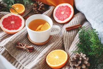 Christmas cozy winter home decor. New year still life: cup of citrus tea, oranges, grapefruits, cinnamon sticks, pine cones, fir branches, knitted sweater.
