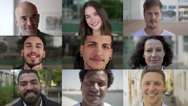 Faces of various people looking at camera. Multiscreen montage of cheerful multiethnic men and women posing and smiling at camera. Facial expression concept