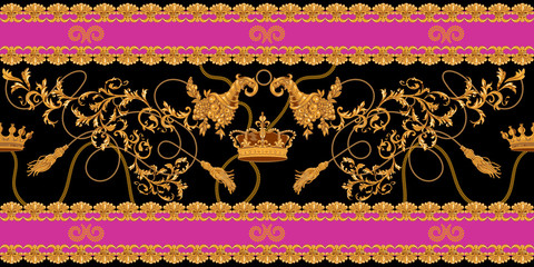 Baroque seamless pattern with crowns, chains and horn of plenty. Vector greek patch for print, fabric, scarf