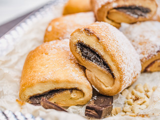 Fresh, fragrant homemade pastries. Close-up, side view. Tasty and healthy eating concept