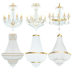 Illustration of a set of chandelier lamps fixtures with crystal pendants on a white background - obrazy, fototapety, plakaty