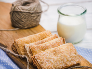 Fresh, fragrant homemade pastries. Close-up, side view. Tasty and healthy eating concept
