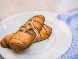 Fresh, fragrant homemade pastries. Close-up, side view. Tasty and healthy eating concept