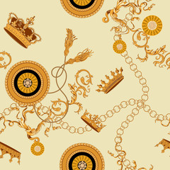 Baroque seamless pattern with chains and crowns. Vector patch for print, fabric, scarf