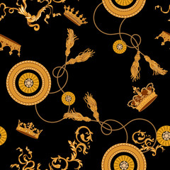 Baroque seamless pattern with chains, tassels and crowns. Vector patch for print, fabric, scarf
