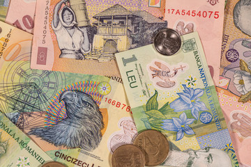 Romanian leu banknotes and coins, RON. Romania, ROU