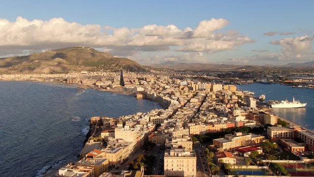 trapani aerial view drone fly over city center at sunset