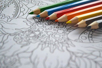 Zen art, doodle patterns in black and white with multicolored pens rainbow colored lay on it. Zen...