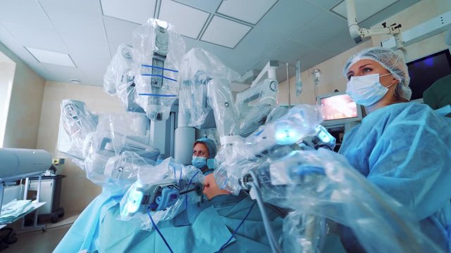 Modern surgical system. Medical robot. Minimally invasive robotic surgery.