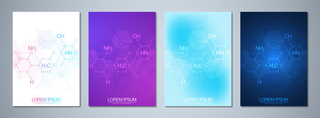 Naklejka na ściany i meble Set of template brochure or cover design, book, flyer with abstract chemistry background and chemical formulas. Concept and idea for science and innovation technology.