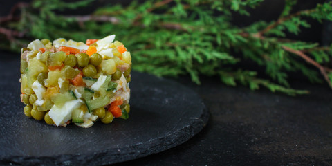 vegetable salad, traditional olivier (healthy eating potatoes, carrots, peas and more) menu concept. food background. top view. copy space