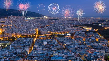 Poster Happy New Year fireworks over Athens city skyline. Greece, Europe © vivoo