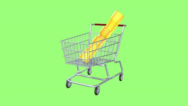 Virtual Euro sign and grocery cart as trade symbol. The animation of the sales and purchases of the European currency or money. Green isolated screen. Animation 3d icons.