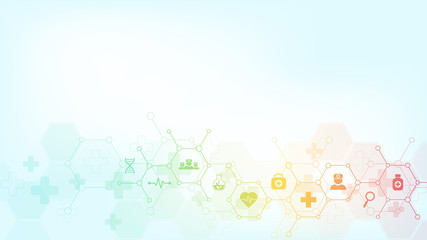 Abstract medical background with flat icons and symbols. Template design with concept and idea for healthcare technology, innovation medicine, health, science and research.