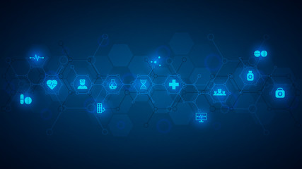 Healthcare and technology concept with flat icons and symbols. Template design for health care business, innovation medicine, science background, medical research.