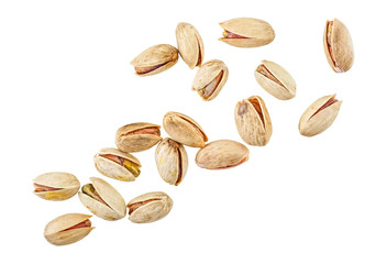 Salted pistachio nuts isolated on white background, top view.