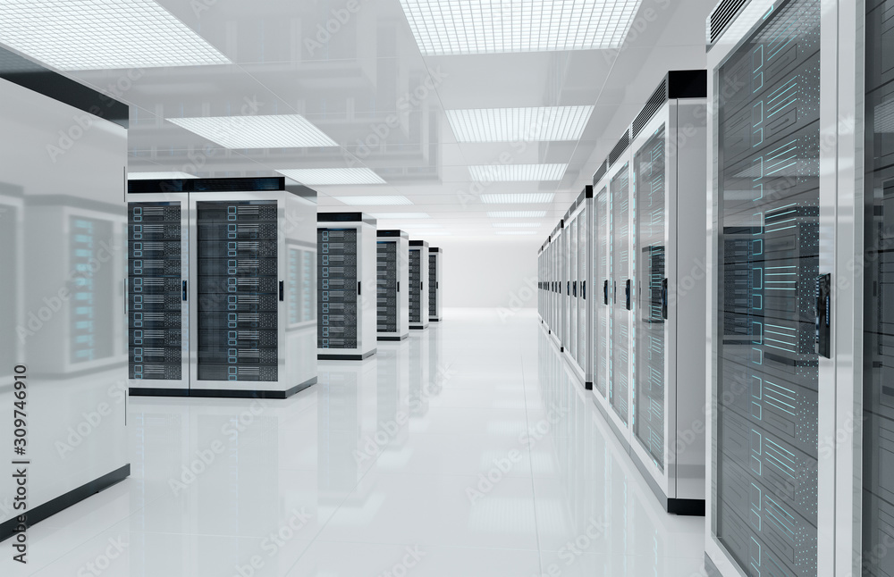 Fototapete white servers center room with computers and storage systems 3d rendering