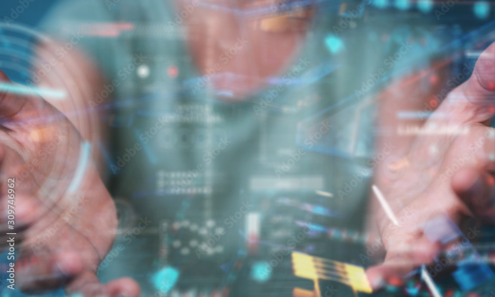 Poster Woman using digital technological interface with datas 3D rendering