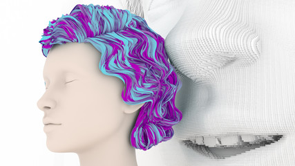 Illustration on the topic of psychology with the image of a young stylized woman who depicts someone else's opinion, gossip, conversations behind her back. 3d render