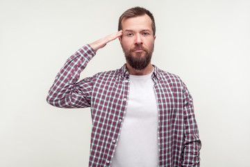 Yes sir! Portrait of young patriotic man with beard in casual plaid shirt making salute gesture and ready to do order, responsible serious face. indoor studio shot isolated on white background