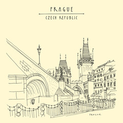 Prague, Czech Republic, Europe. Charles Bridge (Karluv Most). Prague famous landmark. Retro travel sketch. Hand drawn vintage touristic postcard, poster, book illustration. Artistic drawing in vector