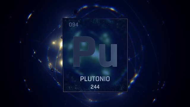 Plutonium as Element 94 of the Periodic Table. Seamlessly looping 3D animation on blue illuminated atom design background with orbiting electrons. Name, atomic weight, element number in Spanish langua