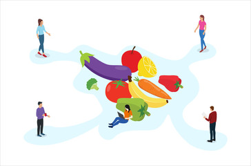 heathy fruit and vegetables with people and modern isometric style with white background - vector