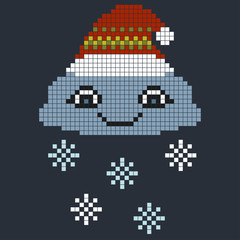 Fototapeta premium Cartoon pixel cloud in a red hat with snowflakes.Winter seasonal element of snowy weather. Vector illustration for New Year and Christmas on blue background. Old games. 8 bit. Pixel art.